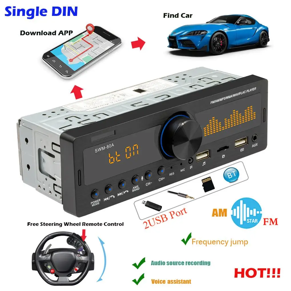 Car radio Single DIN Wireless MP3 Player USB Charging Vehicle Front Remote Control Bluetooth compatible Radio Multimedia