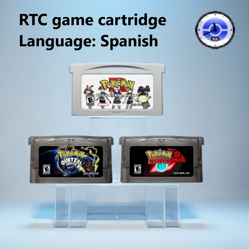 Cartucho de juego GBA con reloj en tiempo real (RTC) Pokémon modificado, versión ROM GBA en español con Sors, Team Rocket y Quetzal