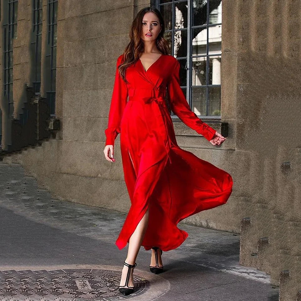 

2025 New Deep V-neck High Slit Solid Color Temperament Elegant Sexy Slim Slim Dress Women's Clothing