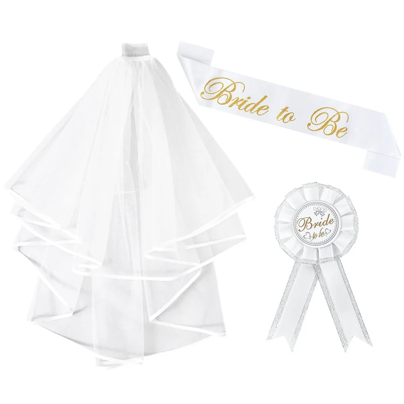 Bride To Be Sash White Veil with Comb Badge Wedding Bridal Shower Decoration Bachelorette Party Hen Night Supplies Groom To Be