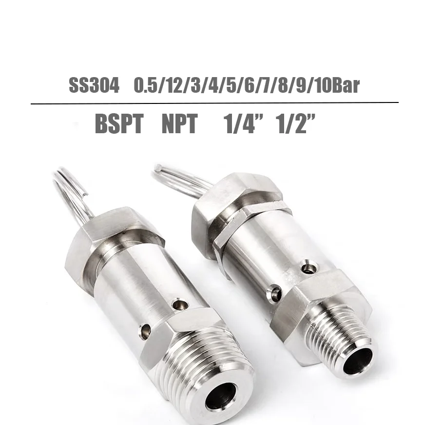 

SS304 stainless steel Mini pressure relief valve 1/4" 1/2" BSPT NPT male thread 0.5-10Bar exhaust valves mini air release valves