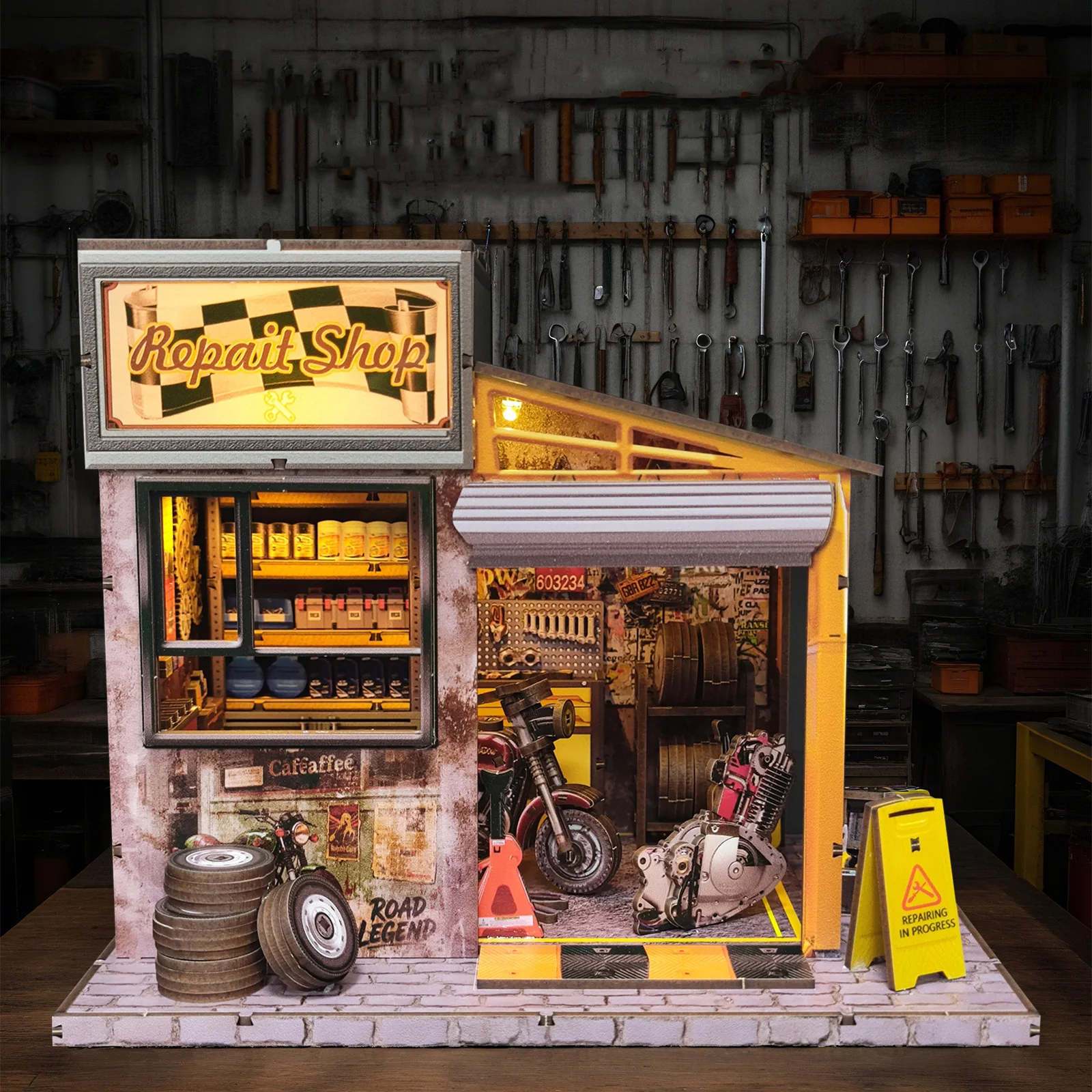 Kits de construção em miniatura de madeira, faça você mesmo, loja de reparos de motocicletas, casas de bonecas com móveis, casas de bonecas para amigos, presentes