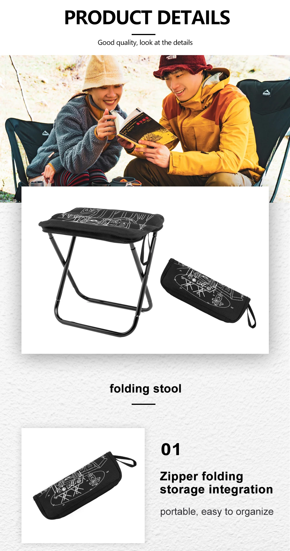 Widesea Tragbarer, zusammenklappbarer Campinghocker, leichtes 900D-Oxford-Gewebe mit Edelstahlhalterung, 100 kg Tragkraft, für Outdoor-Wanderungen – Detail 5
