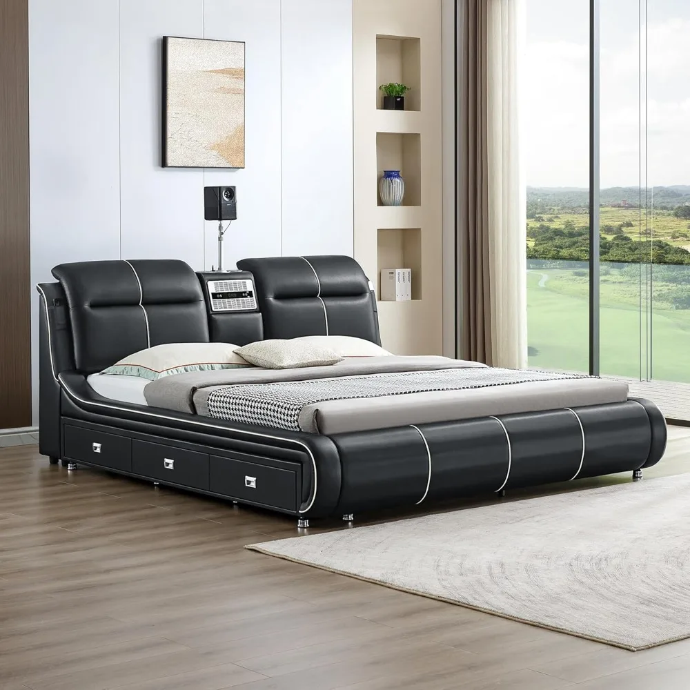 Multifunction Modern King Size Bed Frame, Luxury Smart Bed with 720P Projector and Air Purifiers, Large Storage Space