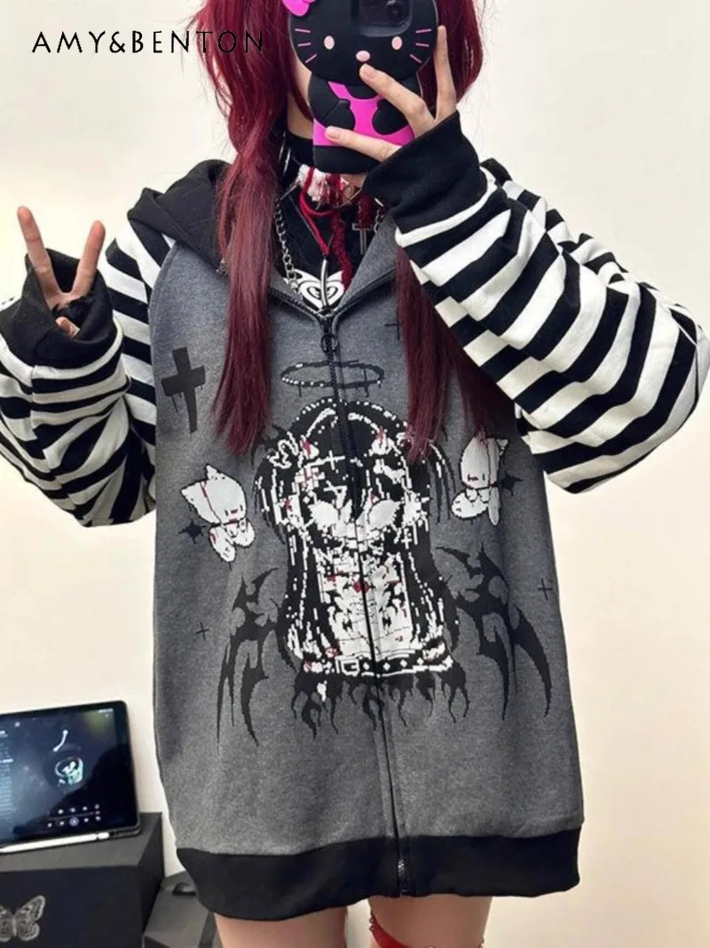 

2024 New Japanese Striped Personality Niche Subculture Punk Splicing Loose Devil Zipper Hooded Jacket Printed Sweater For Women