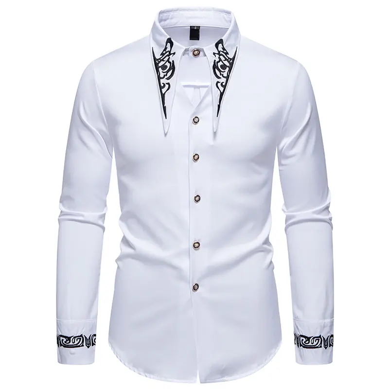 New Men Luxury Wedding Party Embroidered Dress Shirt Lapel Loose Tops Fashion Gentleman Court Banquet Evening Shirts