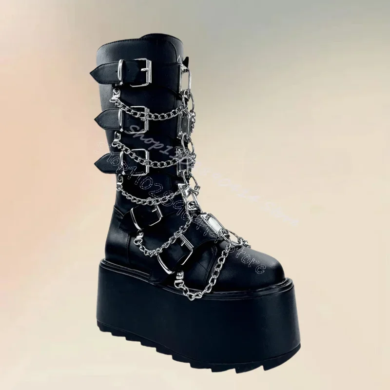

Metal Buckle Chain Black Wave Pattern Bottom Boots Back Zipper Women Shoes Wedges Heel Party Banquet 2024 Zapatos Para Mujere