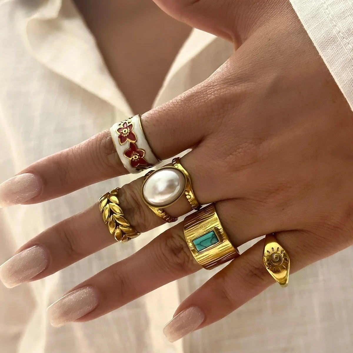 Edelstahl-Sonnen-Emaille-Blumen-Weizenblatt-Simulationsperlenringe für Damen und Herren, trendige, retro-inspirierte, geometrische Breitbandringe, Schmuck – Detail 9