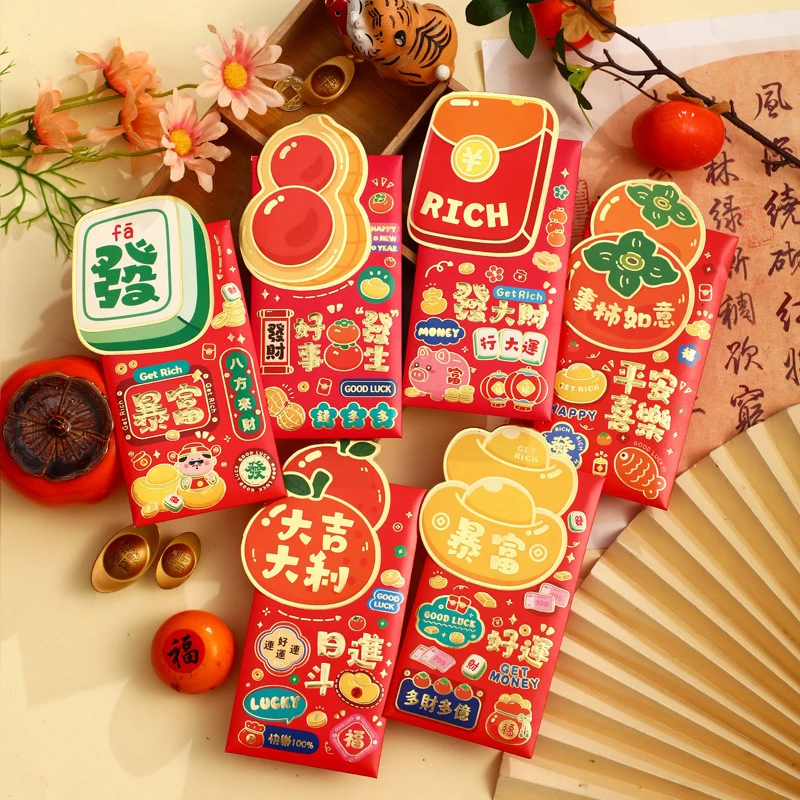 New 6pcs Gilded Cartoon Snake Red Envelope Blessings Lucky Money Bag Mixed Pattern Thickened Red Packet 2025 Year