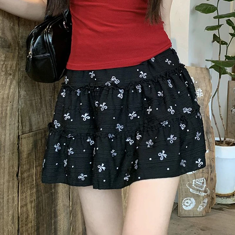 Sweet Bow Print Skirt Women Korean Casual High Waist Lace Mini Skirts Summer Fashion Female Design Elegant A Line Cake Skirt New