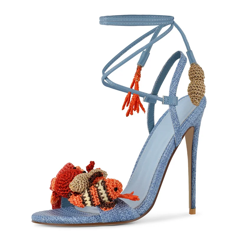 Onlymaker Women Open Round Toe Woven Embellished Ankle Strap Sandals Thin Heel Big Size Sandals