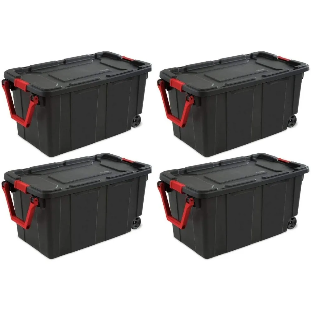 14699002 حقيبة صناعية بعجلات سعة 40 جالون/151 لتر، غطاء أسود وقاعدة مع مقبض ومزالج حمراء متسابق، 4 عبوات