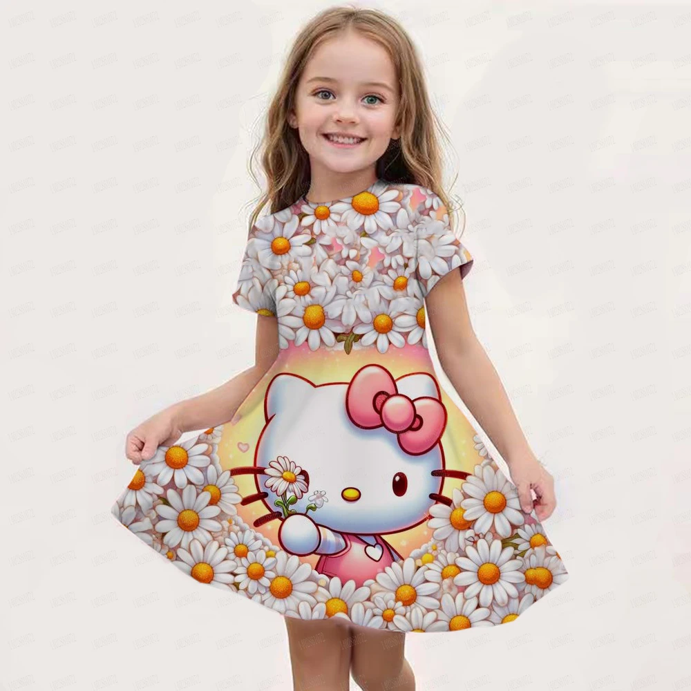 Miniso Cute Hello Kitty 3D Print Girls Short Sleeve Dress Children’s Summer Cool Clothing Soft Skirt Kids Nightgown Camping Gift