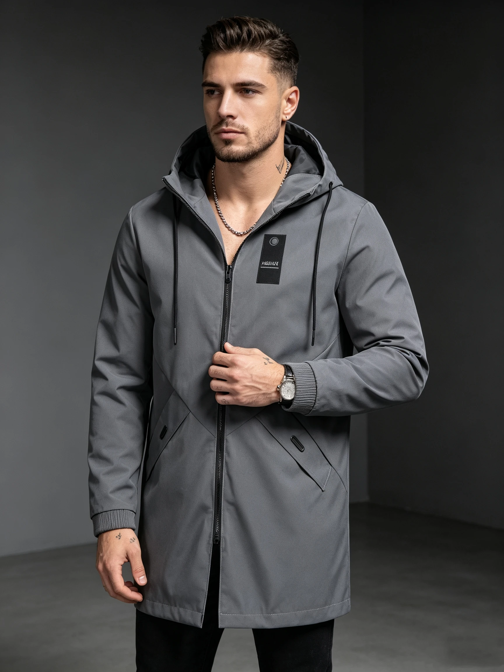 Men's Mid‑Length Hooded Windbreaker Jacket Full Zip Drawstring Hood Casual Windproof Outerwear With Decorative Label