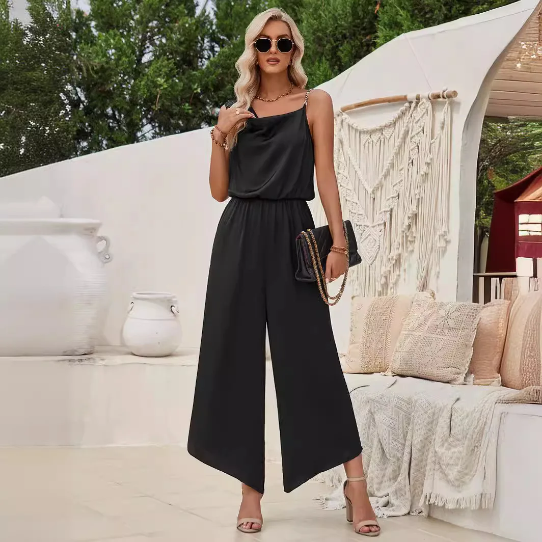 2024 New Ladies Solid Color Sling Waist Waist Wide Leg jumpsuit Summer Fashion Leisure Two Pieces Suit Full Set for Women