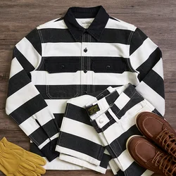 Autumn New American Retro 16oz Heavyweight Prisoner Striped Jacket Men's Fashion Pure Cotton Washed Thick Canvas Motorcycle Coat