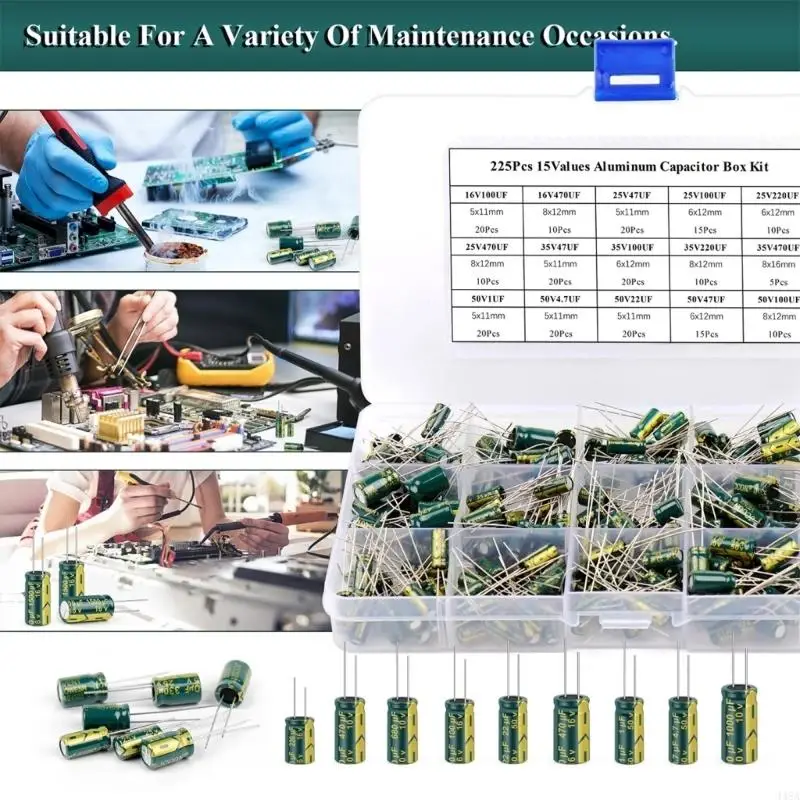 225PCS Assorted Aluminum Capacitors Comprehensive Capacitor Set Simple to Operate for DIY Electronic Projects & Repairs 448A