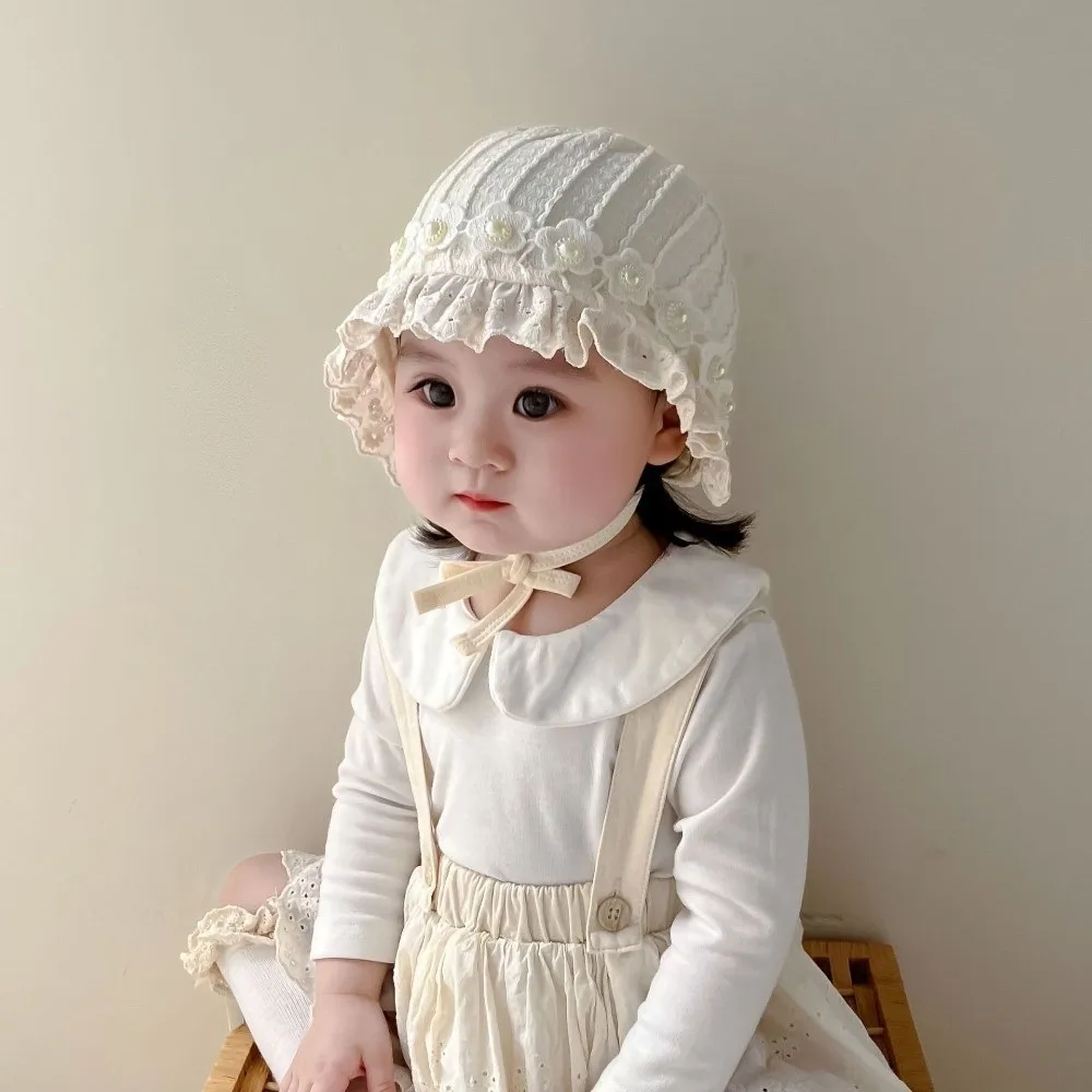 

Lace Trim Pearl Ear Protection Fetal Cap Ruffle Breathable Cotton Princess Hat Soft Solid Color Bonnet Bonnet 2-24Month Infant