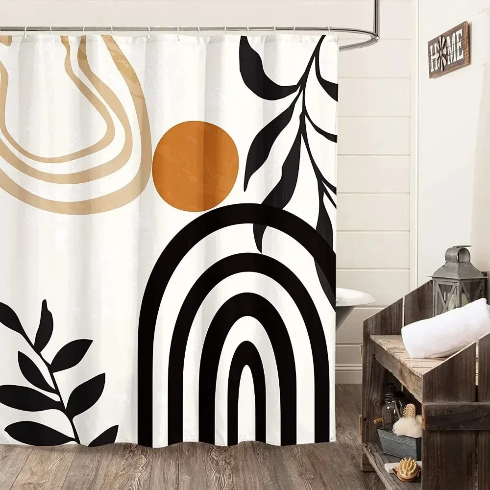 

Abstract Neutral Leaves Simple Bathroom Shower Curtain Mid Century Sun Minimalist Modern Polyester Fabric Decor Bathroom Curtain