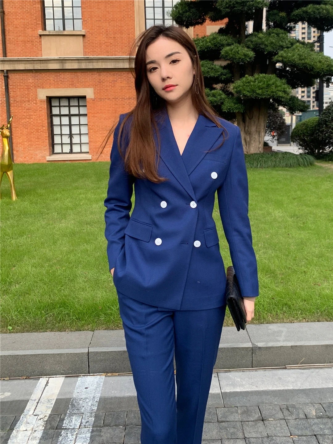 

Busin Casual Women's Suit Jaet Outerwear Gem Blue Host Sle Briti Faion Autumn Winter Polyester Fiber Long Sve