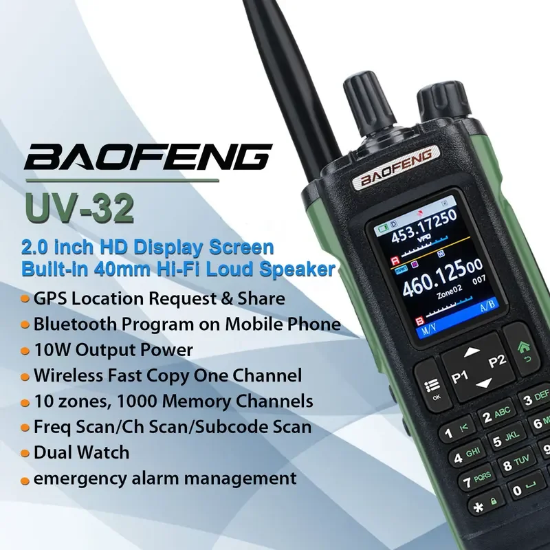 Walkie Talkie Baofeng UV-32 Air Band 10W GPS Amateur FM Two Way Radio with 2.0