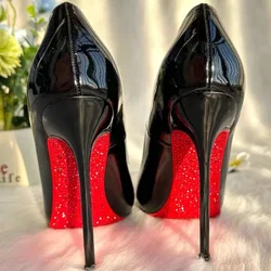 Zapatos de tacón alto con suela de diamantes de imitación para mujer, tacones altos de fondo rojo, zapatos de boda de talla grande para novia, tacones de plataforma con punta puntiaguda, nuevos