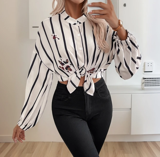 Sexy Elegant Blouses Long Sleeved Striped Printed Shirt for Women's Blouses Trend 2025 Long Sleeve Clothing Top