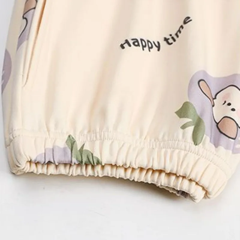 Round Neck Pajamas Set Student Spring Autumn Long Sleeve Sweet Cartoon Homewear Suit Large Size Casual Women's Sleepwear 2024