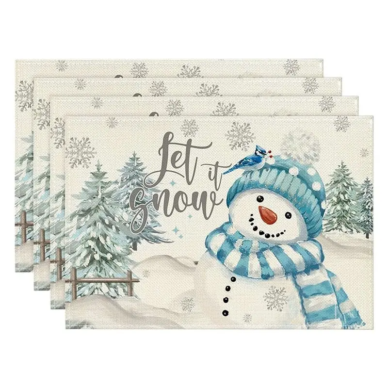 【FITTING】8PCS Xmas Trees Snow Pink Christmas Placemats Winter Table Mats For Kitchen Dining Decoration C
