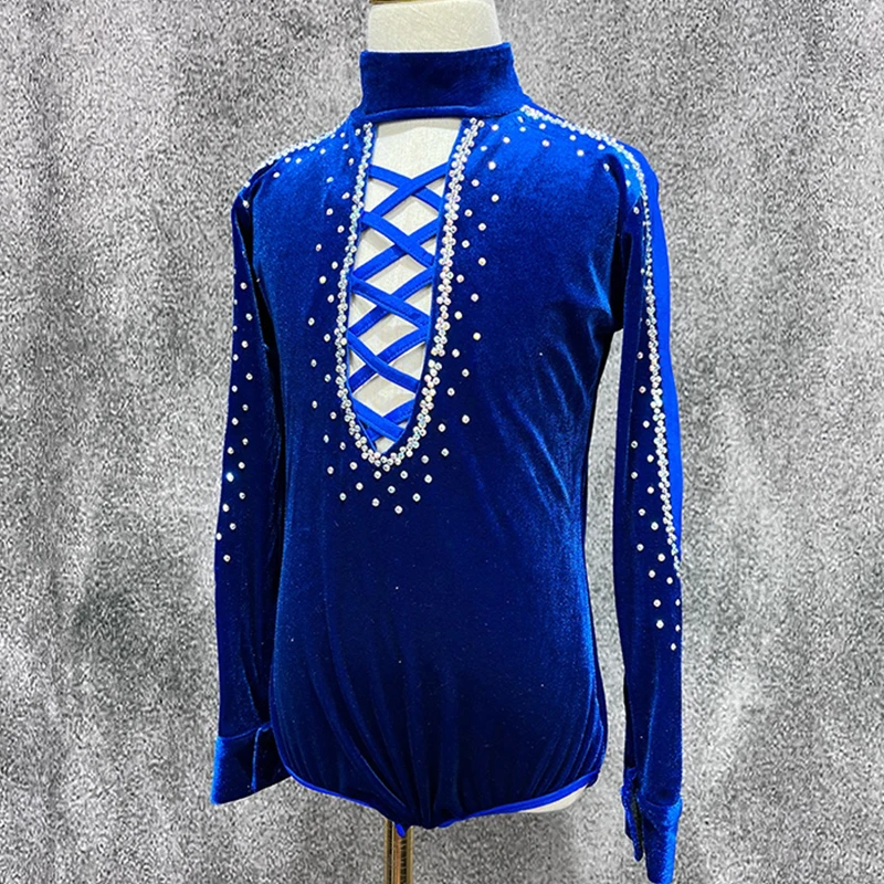 2024 Blue Velvet Latin Dance Tops Boys Kids Cha Cha Dance Costume Adult Men Latin Performance Wear Practice Bodysuit DNV21009