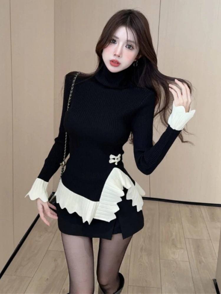 

Color Blocking Splicing High Neck Women's Sweaters Autumn New Niche Design Irregular Basic Knit Tops Fashion Irregular Pullovers