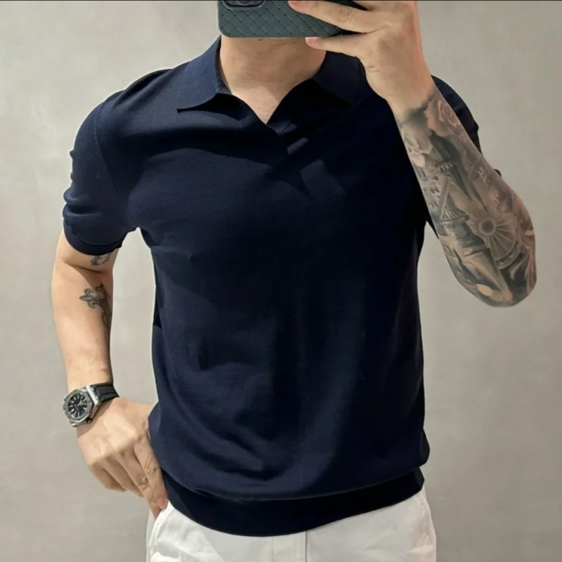 High Quality Fashion Simple Smart Casual Summer New Solid Thin Polo Shirt Men\'s Lapel Patchwork Versatile Short Sleeved Knit Top