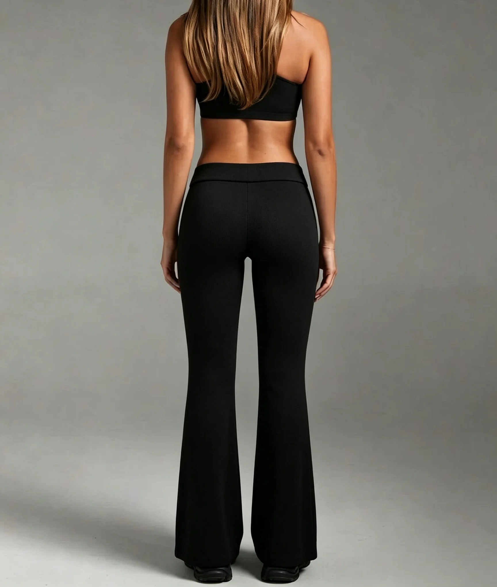 High Waist Ribbed Flare Pants Women Fold Waistband Slim Bootcut Trousers Stretch Casual Solid Streetwear Pants
