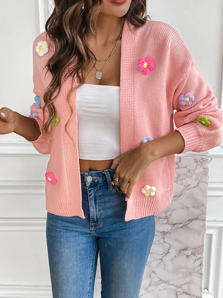 

Spring 2024 Sweet Cardigan Sweater Women Flowers Attached Loose Long Sleeve Casual Knitwear Outwear Multi Colors 312915