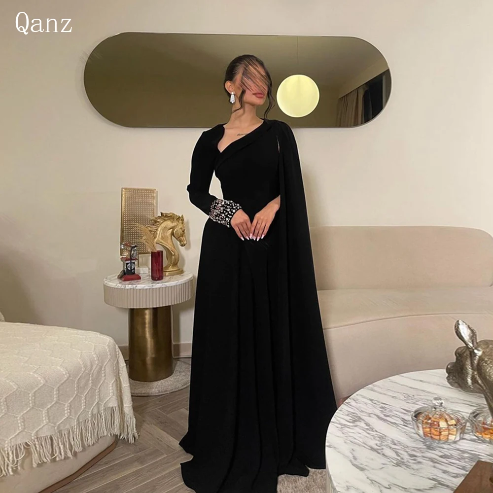 Qanz Elegant Black Mermaid Prom Dresses Long Sleeves Crystals Cape Robe Evening Dresses Beaded Prom Party Dresses Customized