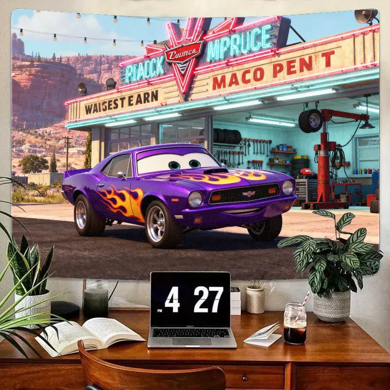 

1PC Disney Cars Ramone Purple Flame Car Tapestry, Radiator Springs Garage Wall Art, Polyester Kids Boys Room Decor Gift