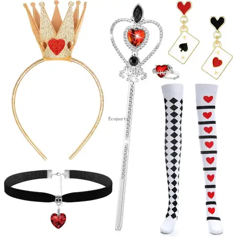 6 Pcs Hearts Queen Costume Red Queen Costume Accessories Crown Headband Wand Choker Necklace Socks Heart Ring Earrings hallowen