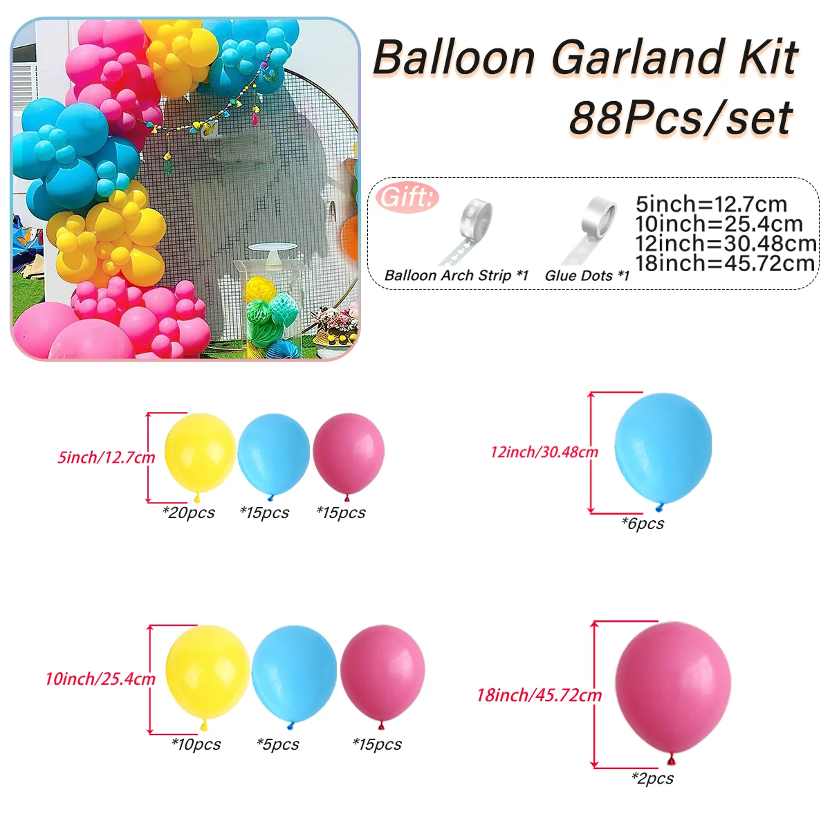 88 pcs 5，10，12，18 inch latex balloon arch kit multiple colors party decoration balloons,used to decorate summer themed events