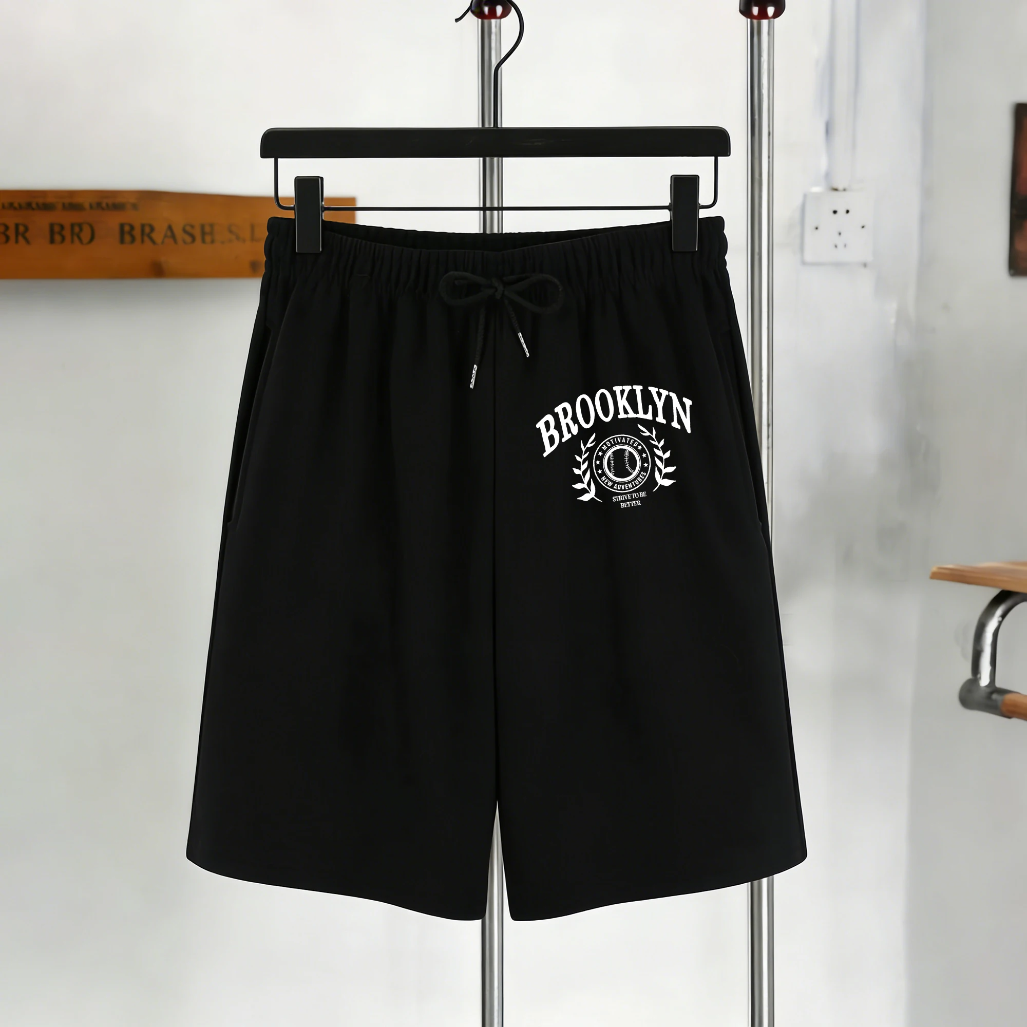 

Brooklyn Motivated New Adventures Mans Pocket Pants Vintage All-Match Black Sweatpants Unisex Drawstring Loose Soft Shorts