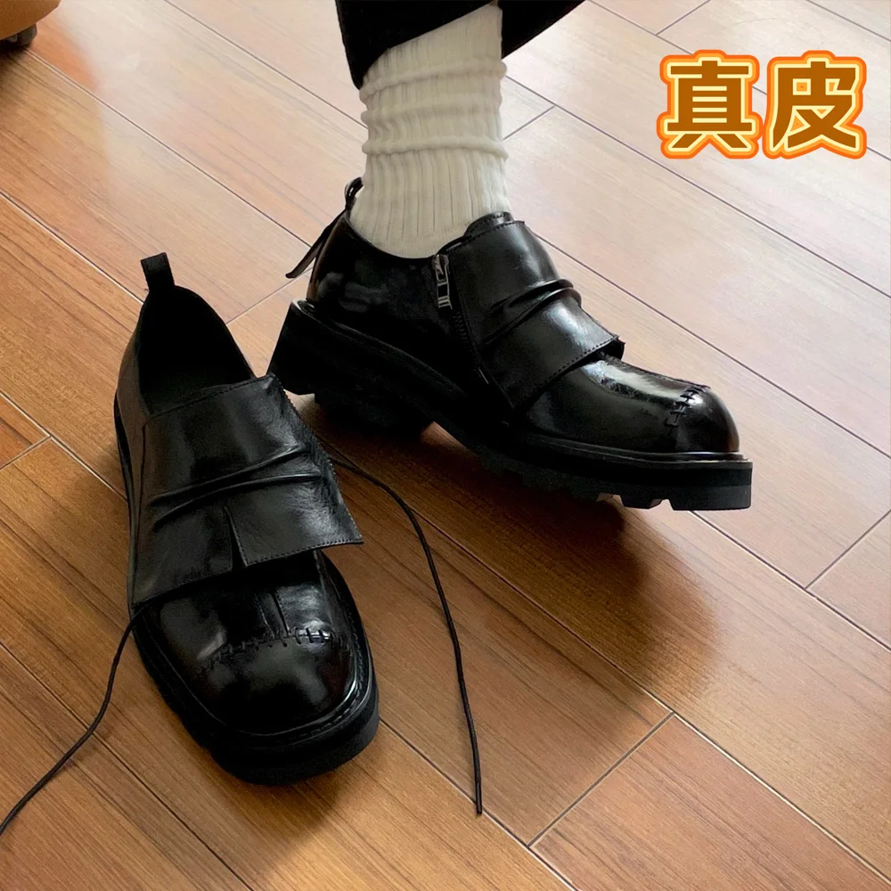 

Fashion Men‘s Genuine Leather Derby Shoes Thick Sole Double Layer Stitching Western Knight Boots Zipper Low Cut Boots