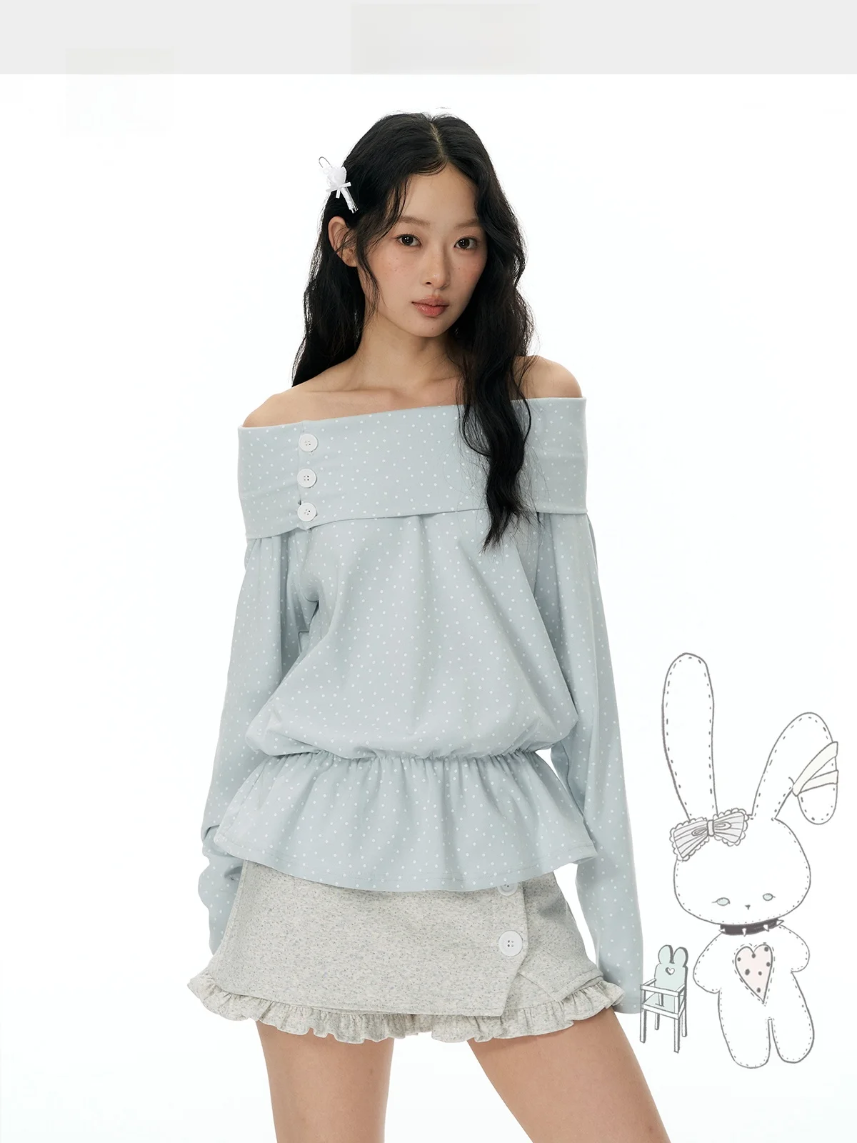 Long Sleeve Sweatshirt One Shoulder Wide U-neck Polka Dot Lantern Sleeve Flip Style Blue Korean Loose Fit Ladies T-shirt