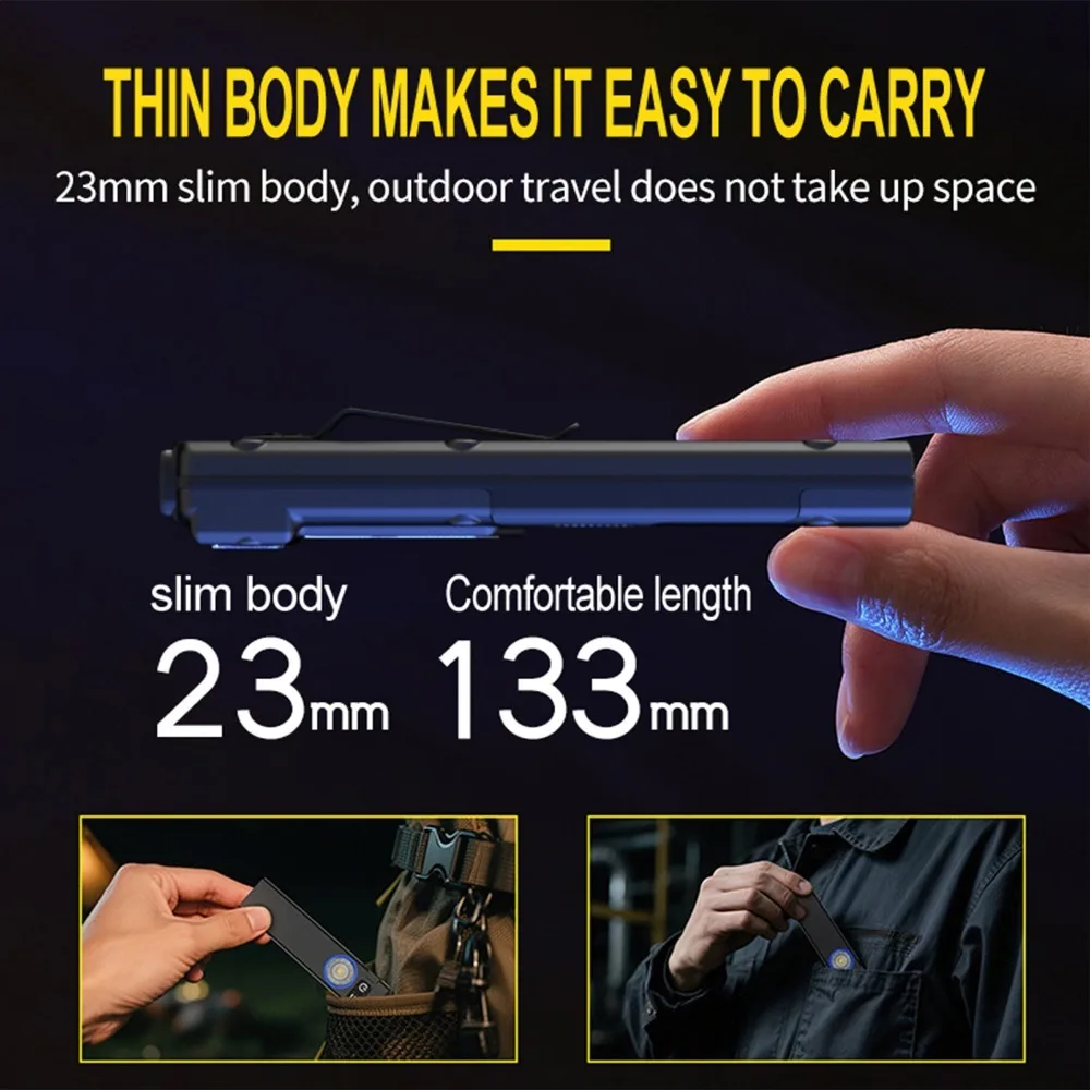 Ultra-Thin EDC Rechargeable LED Flashlight Battery Display Dual Switch Pocket Penlight Portable Work Light for Hiking Camping view 4