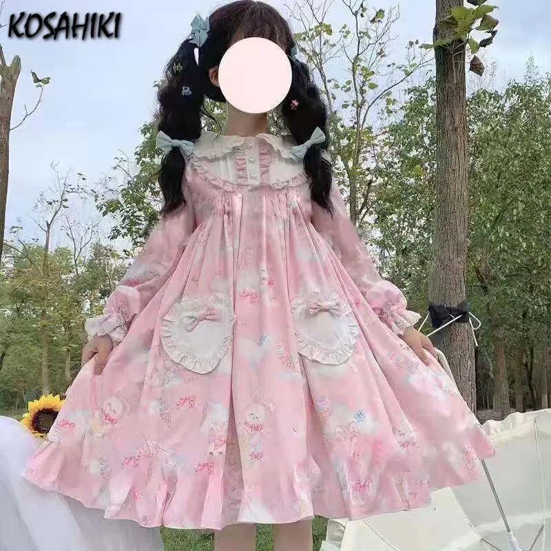 KOSAHIKI New Kawaii Japanese Lolita Vintage Dress Lamb Printing   Women Soft Girl Style Cute Princess Lace