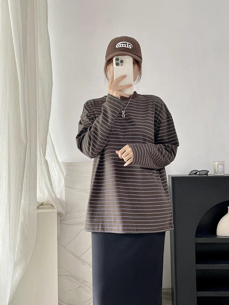 

Теплая хлопковая футболка свободного кроя в американском ретро-стиле с полосками, с длинным рукавом, женская, базовый слой, осенне-зимняя повседневная одежда