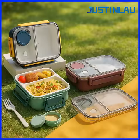 JUSTINLAU 850ml Visual Lid Bento Box 304 Stainless Steel+PP 2 or 3 Grid Snap on Lunch Box Microwave Safe for Office Workers Use