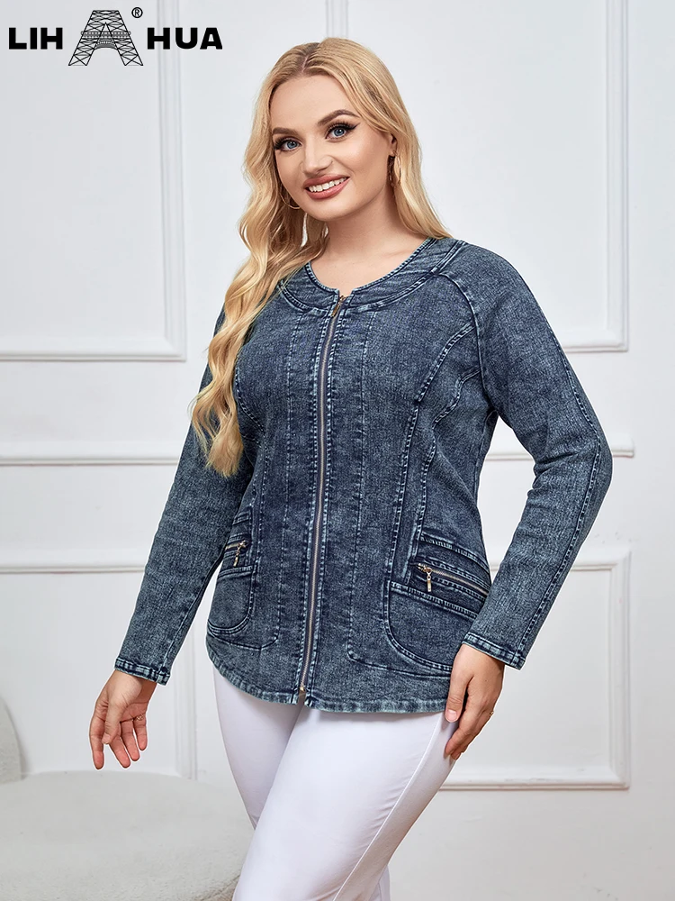 LIH HUA Women\'s Plus Size Denim Jacket Autumn Chic Elegant Jacket For Chubby Women Cotton Woven Jacket