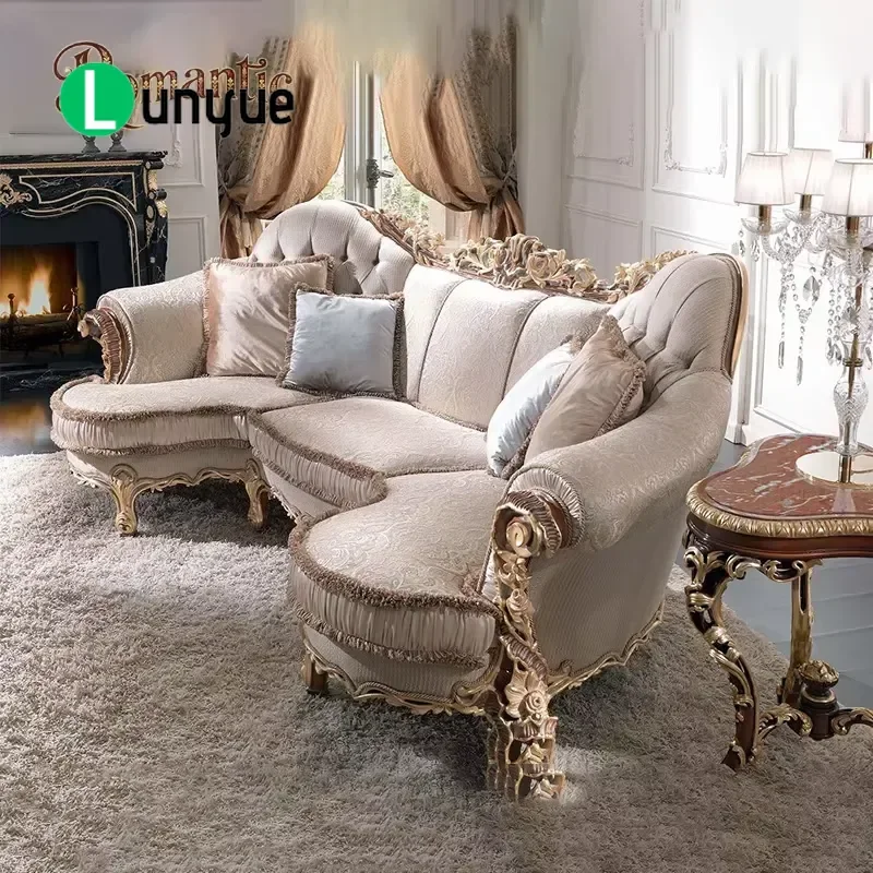 French Classical Luxury Solid Wood Fabric Corner Sofa Set High Quality European Style Apartment Living Room Furniture