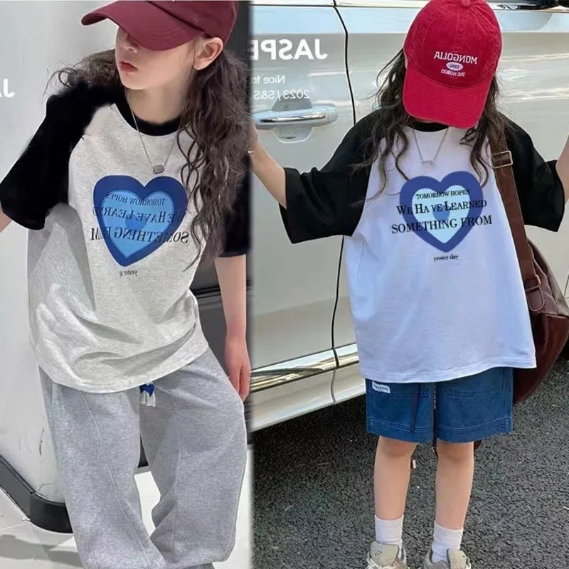 

Letter Printed Tops & Tees Y2K Heart Girls Cotton Raglan Sleeve T-Shirt Color Block Print Tee Casual Summer O-Neck Top Big Kids