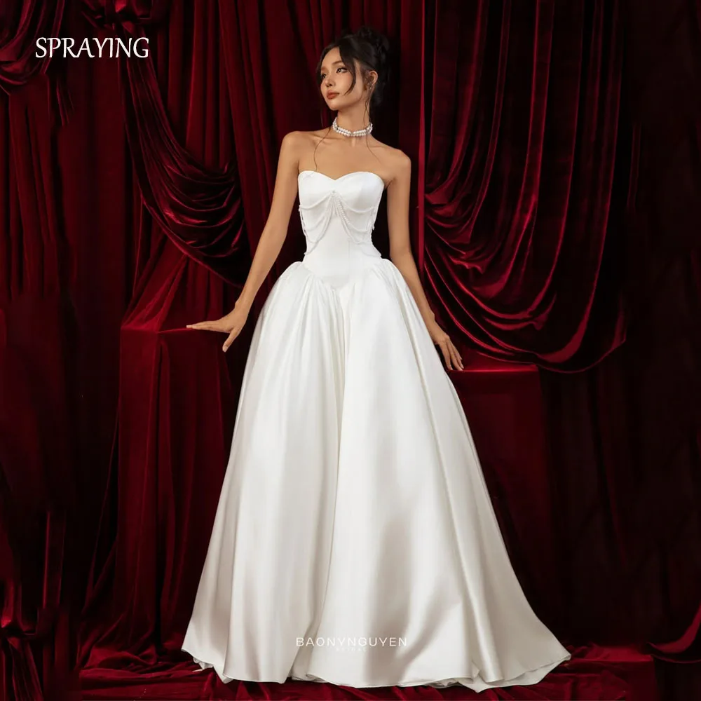 

SPRAYING Elegant Ivory Satin Wedding Dresses Sweetheart Beadingl Bridal Gowns A Line Long Corset Vestidos De Novia Customized