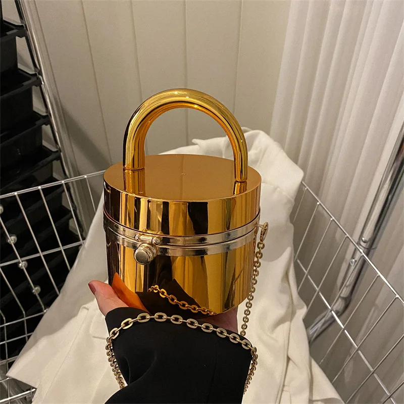 Gold Box Handbag Fashion Shiny Women Bag Party Evening High Quality Clutch Hand Bags For Women Metal Chain Messenger Purse